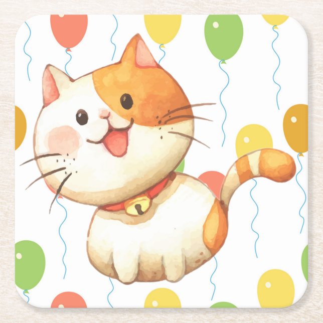 Cute Little  Orange Cat Kitten Colourful Balloons Square Paper Coaster (Front)