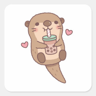 Cute Little Otter Loves Bubble Tea Square Sticker