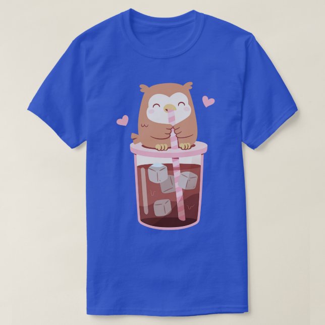 Cute Little Owl Enjoying Iced Coffee T-Shirt (Design Front)