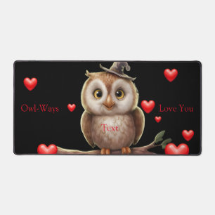 Cute little owl on branch with red love hearts desk mat