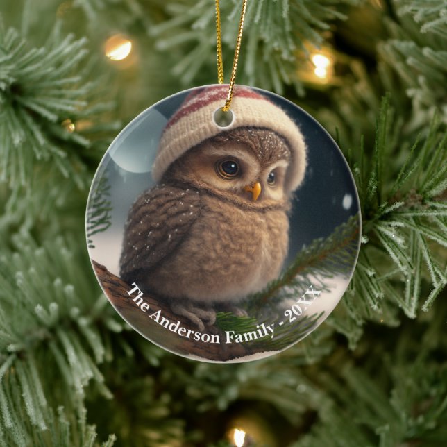 Cute little owl over a snow-covered tree Custom  Ceramic Ornament (Tree)