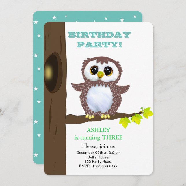 Cute little owl & stars on teal kids Birthday Invitation (Front/Back)