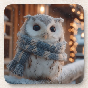 Cute little owl wearing knitted winter scarf coaster