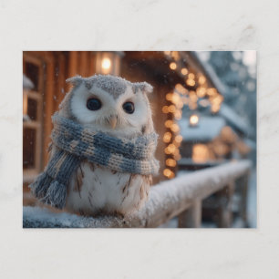 Cute little owl wearing knitted winter scarf postcard