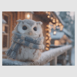Cute little owl wearing knitted winter scarf tissue paper