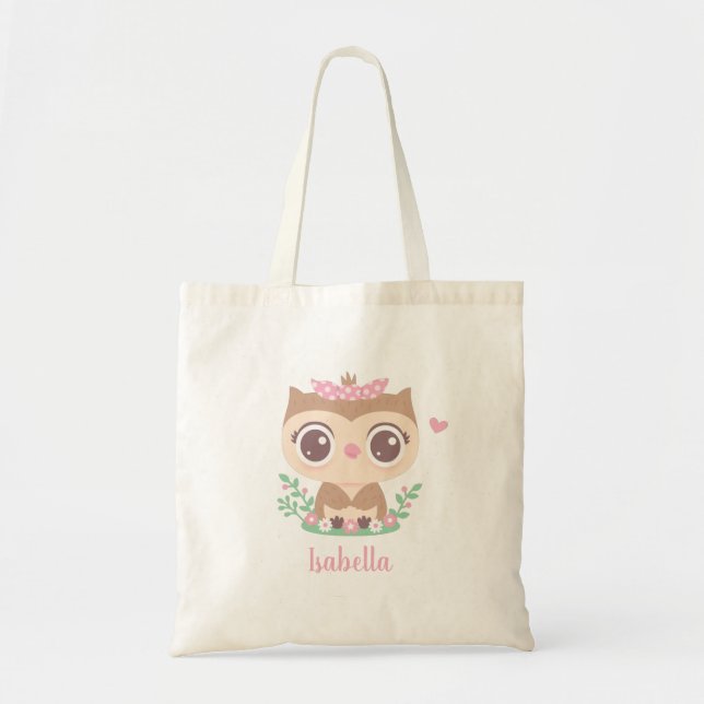 Cute Little Owl with Pink Bow, Kids Personalised Tote Bag (Front)