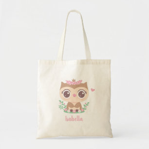Cute Little Owl with Pink Bow, Kids Personalized Tote Bag