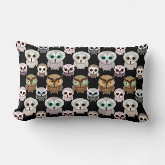 Cute Little Owls Illustrated Art Pattern Lumbar Cushion (Front)
