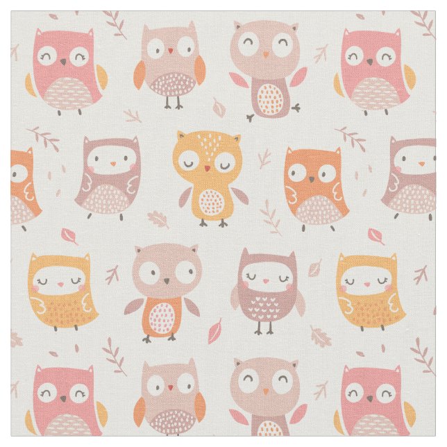 Cute Little Owls in muted colours Fabric (Close Up)