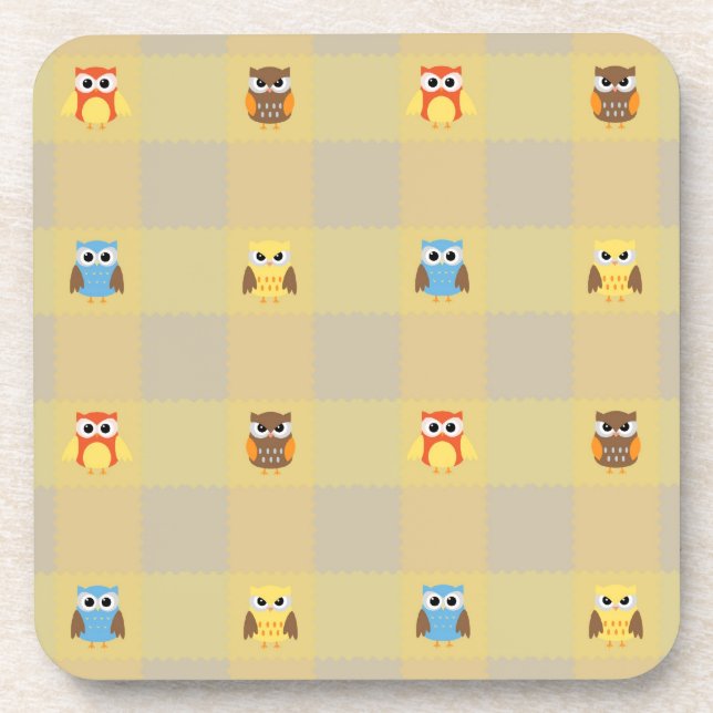 Cute Little Owls on Tan and Yellow Background Coaster (Front)