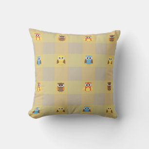 Cute Little Owls on Tan and Yellow Background Cushion