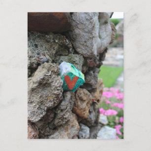 Cute Little Painted Heart Rock on Rock Wall Postcard