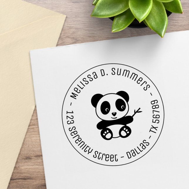 Cute Little Panda Bamboo Round Address 3 Rubber Stamp (Creator Uploaded)