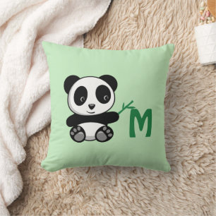 Cute Little Panda Bamboo Stick Monogram Green Cushion