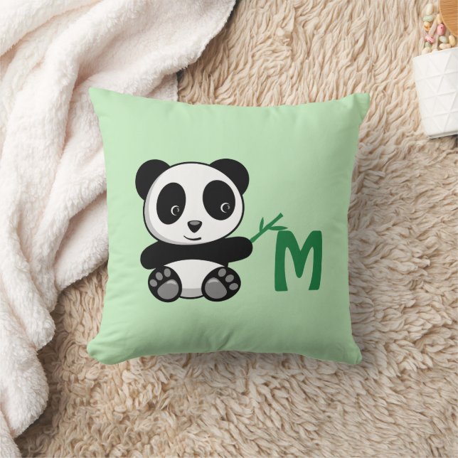 Cute Little Panda Bamboo Stick Monogram Green Cushion (Blanket)