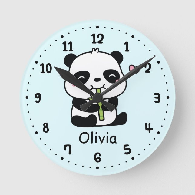Cute Little Panda Bear and Bamboo, Kids Room Round Clock (Front)