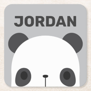 Cute Little Panda Bear with Personalised Name Square Paper Coaster