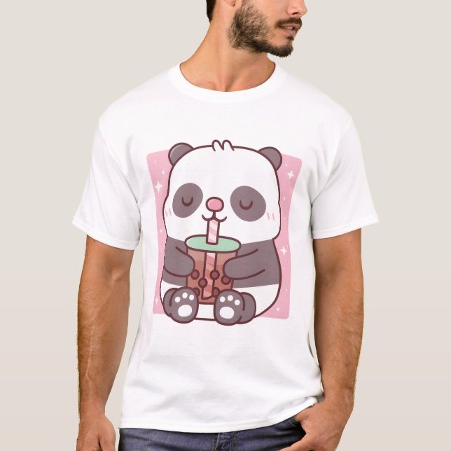 Cute Little Panda Drinking Bubble Tea T-Shirt (Front)
