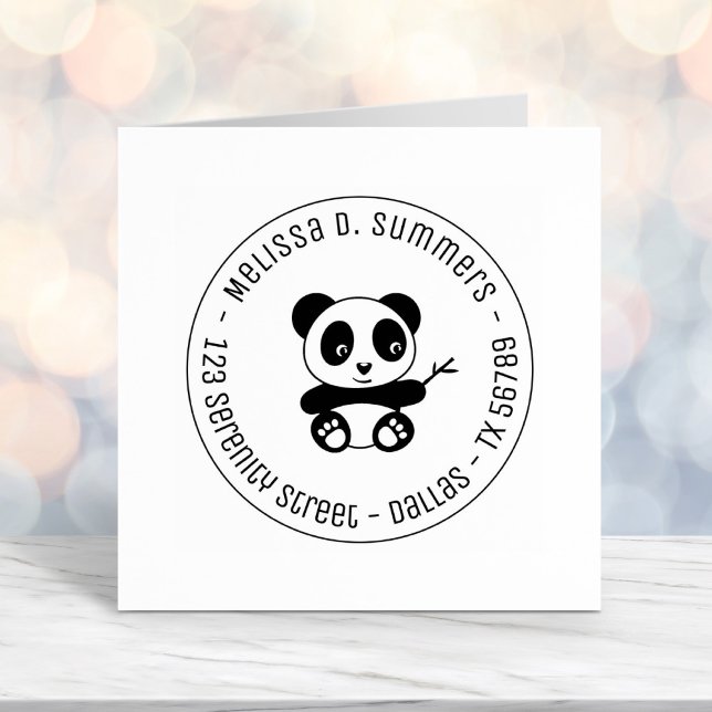 Cute Little Panda Holding Bamboo Round Address Self-inking Stamp (Creator Uploaded)