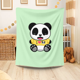 Cute Little Panda In Yellow T-shirt on Green Fleece Blanket