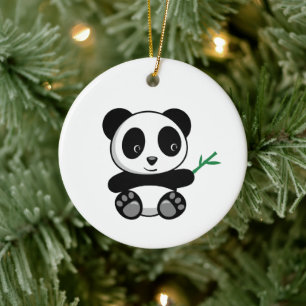 Cute Little Panda with a Bamboo Stick Ceramic Ornament