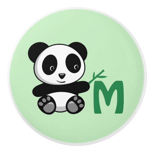 Cute Little Panda with a Bamboo Stick Monogram Ceramic Knob (Front)