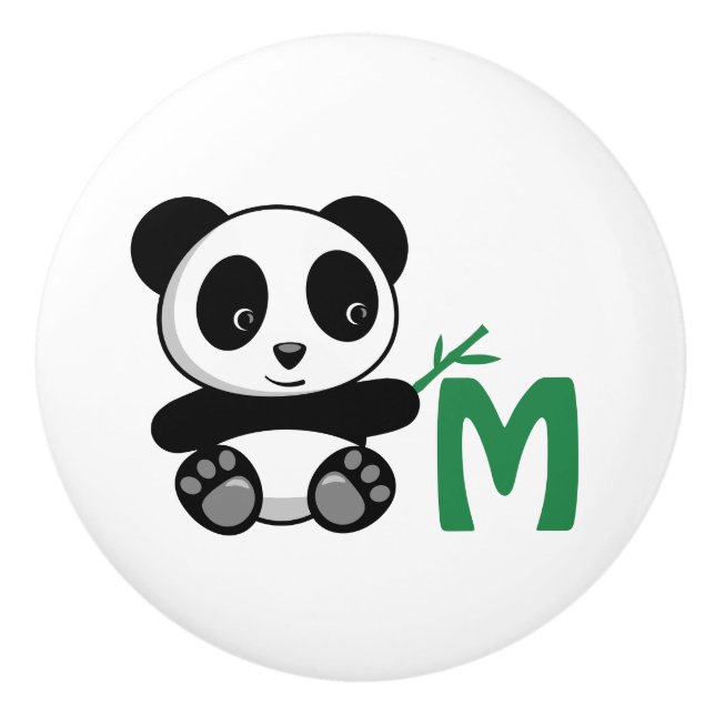 Cute Little Panda with a Bamboo Stick Monogram Ceramic Knob (Front)