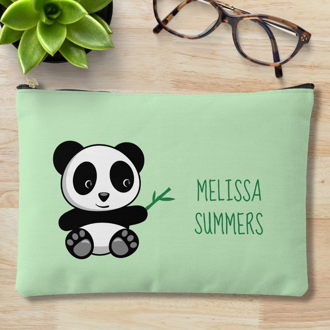 Cute Little Panda with a Bamboo Stick on Green Accessory Pouch (Creator Uploaded)