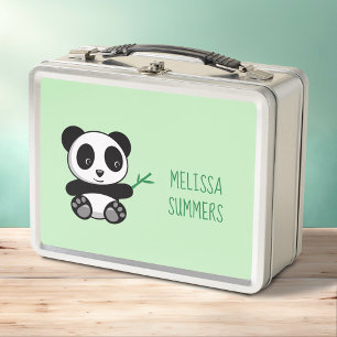Cute Little Panda with a Bamboo Stick on Green Metal Lunch Box