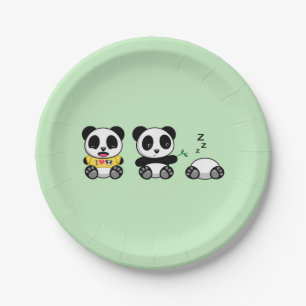 Cute Little Pandas on Green Paper Plate