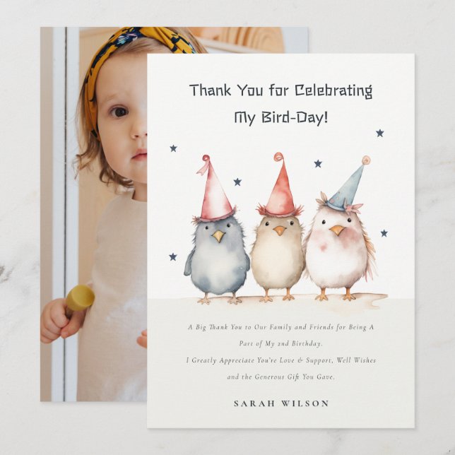 Cute Little Party Birds Kids Birthday Custom Photo Thank You Card (Front/Back)