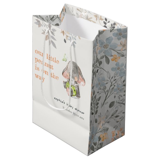 Cute Little Peanut Elephant Foliage Baby Shower Medium Gift Bag (Front Angled)