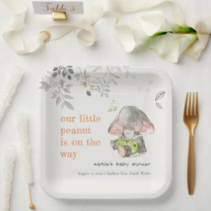 Cute Little Peanut Elephant Foliage Baby Shower Paper Plate
