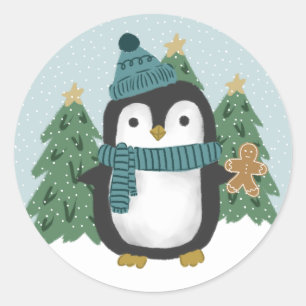 Cute Little Penguin and Gingerbread Man Christmas  Classic Round Sticker
