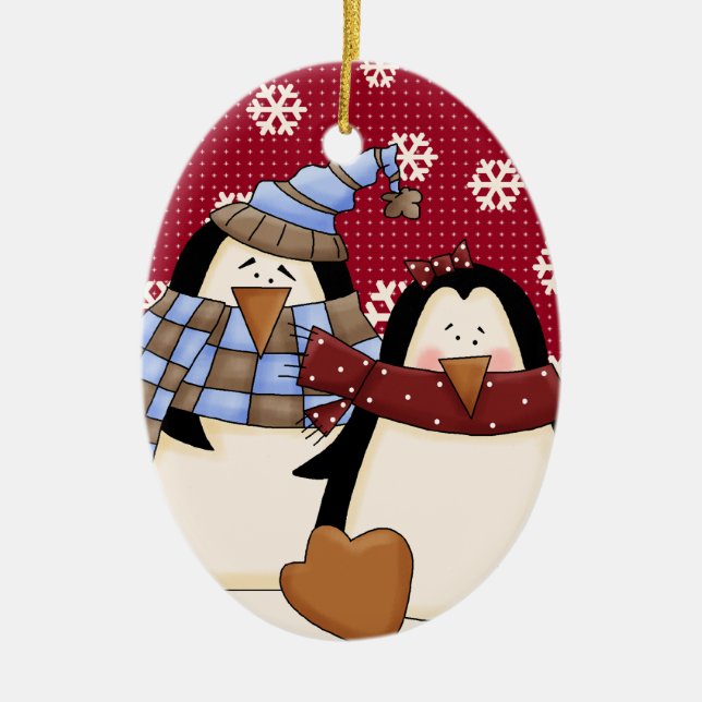 Cute Little Penguin Couple Ceramic Tree Decoration (Front)