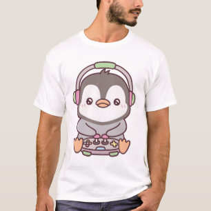 Cute Little Penguin Gamer Playing Video Games T-Shirt