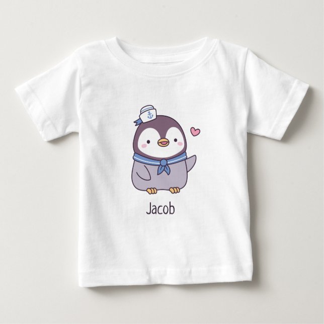 Cute Little Penguin Sailor Crew Personalised Name Baby T-Shirt (Front)