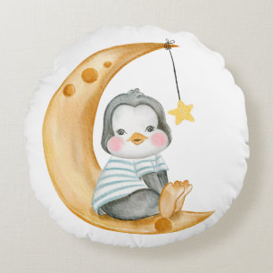 CUTE LITTLE PENGUIN SITTING ON A MOON & CLOUD ROUND CUSHION