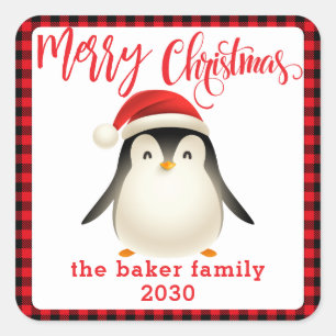 Cute Little Penguin with Santa Hat Christmas Square Sticker