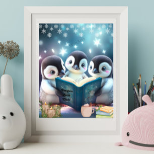 Cute Little Penguins reading book Personalised Art Poster