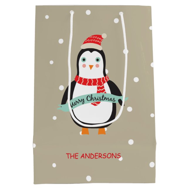 Cute little Penquin "Merry Christmas" Personalised Medium Gift Bag (Back)