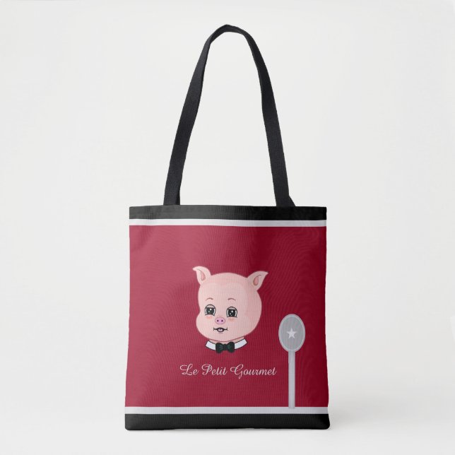 Cute Little Pig on Burgundy Red & Black Tote Bag (Front)
