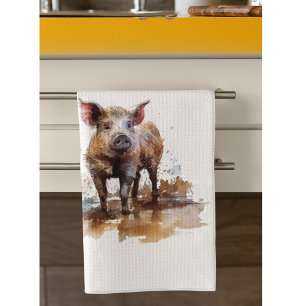 Cute little pig playing in the mud watercolor tea towel
