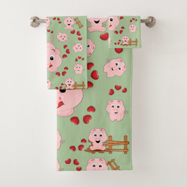 Cute Little Piggies and Hearts Pattern Print Bath Towel Set (Insitu)