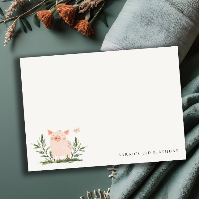 Cute Little Piggy Foliage Butterfly Kids Birthday Card (Creator Uploaded)