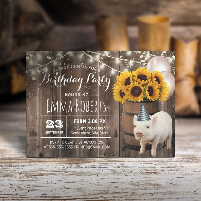 Cute Little Piggy Rustic Sunflower Birthday Party Invitation (Creator Uploaded)