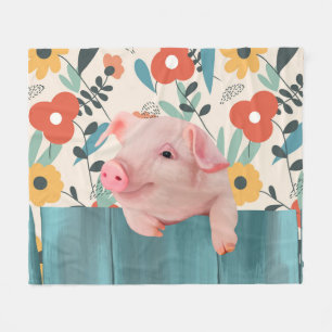 Cute Little Piglet And Cheerful Flowers Fleece Blanket