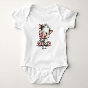 Cute little Piglet with Pink Hibiscus Baby Bodysuit