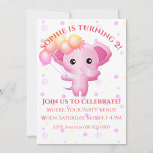 Cute Little Pink Baby Girl Elephant Birthday Invitation