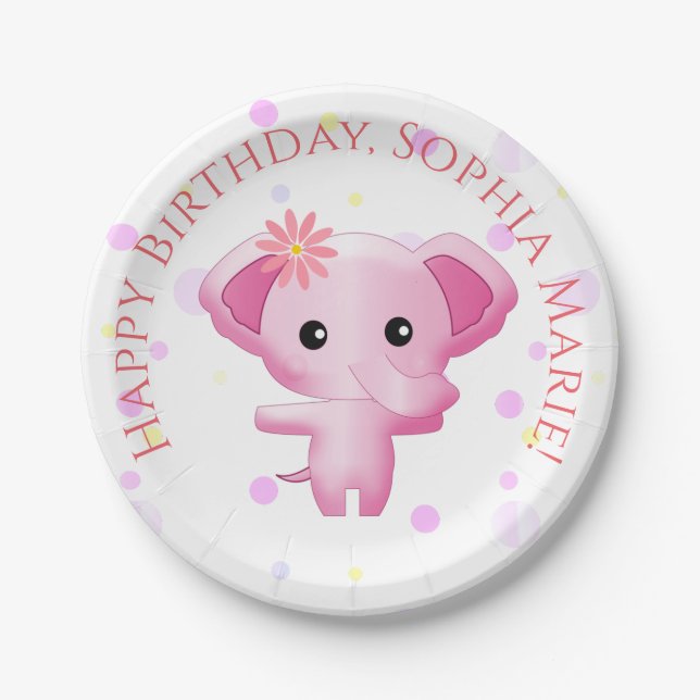 Cute Little Pink Baby Girl Elephant Paper Plate (Front)